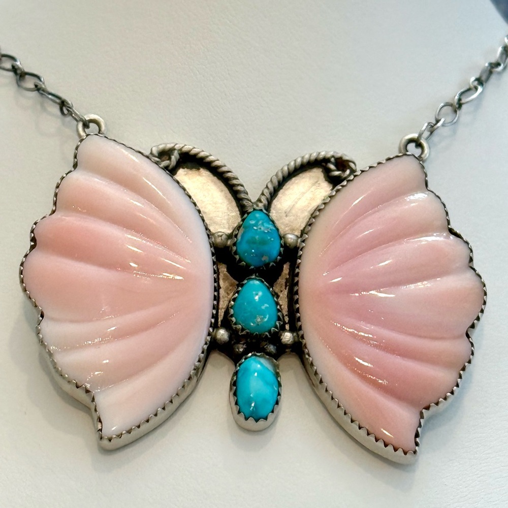NQC545 GIANT Puffy Butterfly QueenPinkConch & Blue Ridge TURQUOISE Necklace S925 - Picture 8 of 11